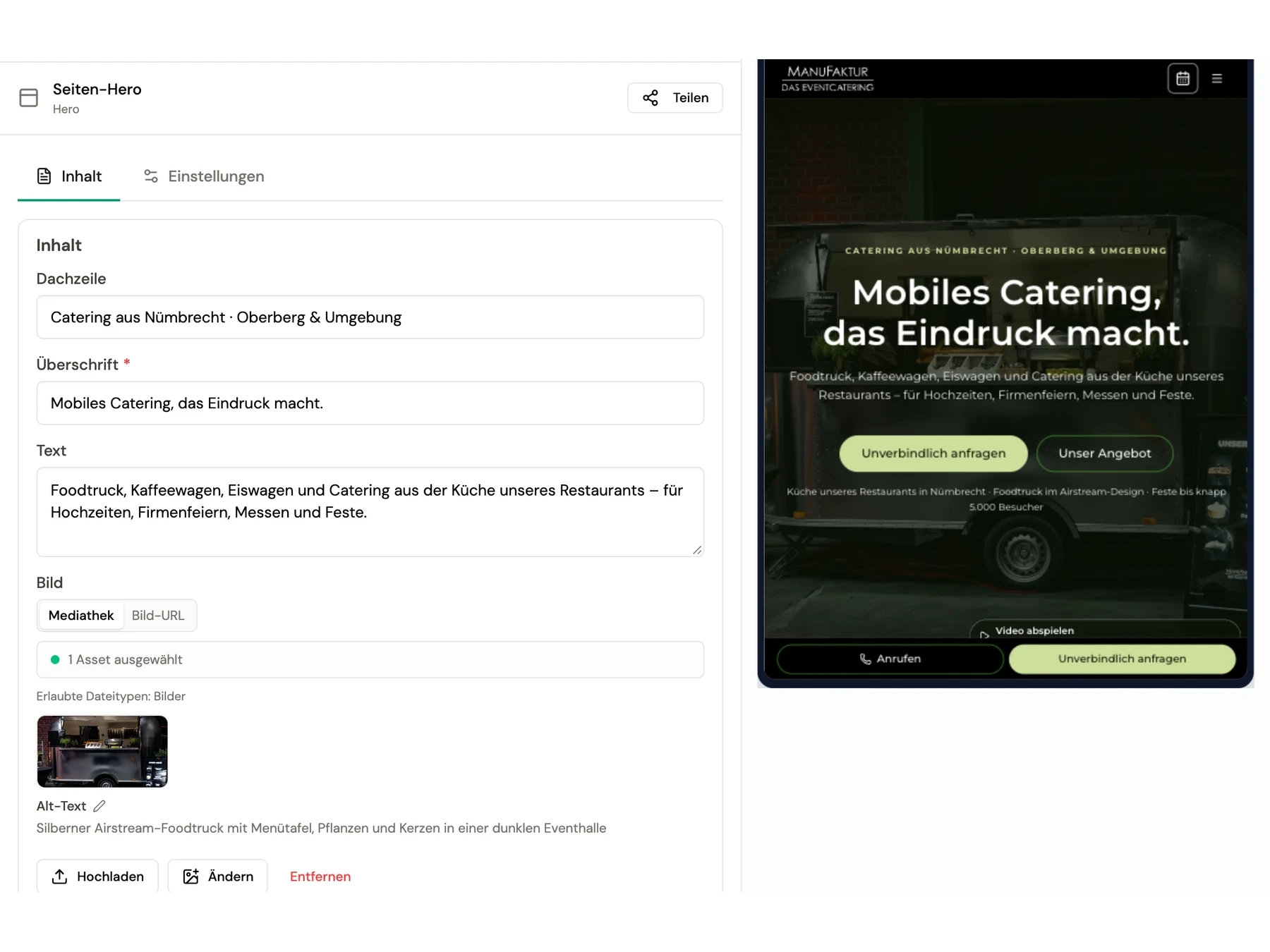 WYSIWYG-Editor: Block anklicken, Felder ändern, Live-Vorschau daneben