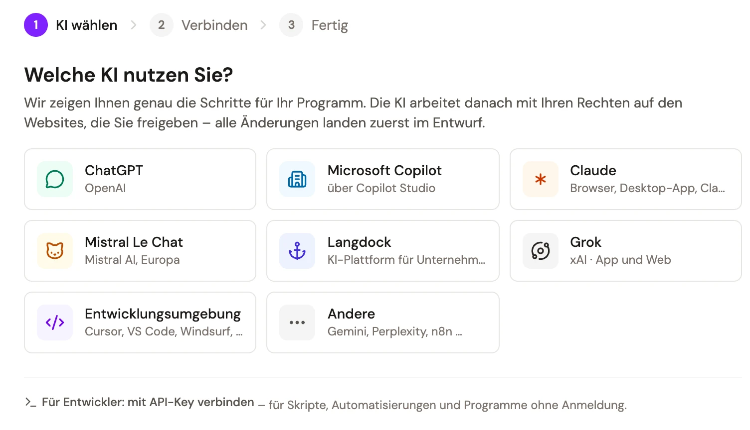KI verbinden: ChatGPT, Copilot, Claude, Le Chat, Langdock, Grok und mehr