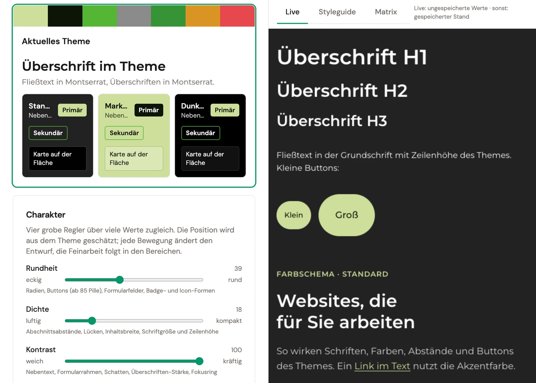 Design-Einstellungen mit Charakter-Reglern und Live-Vorschau